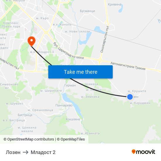 Лозен to Младост 2 map