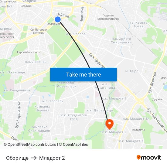 Оборище to Младост 2 map