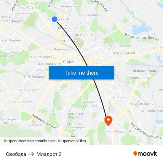 Свобода to Младост 2 map
