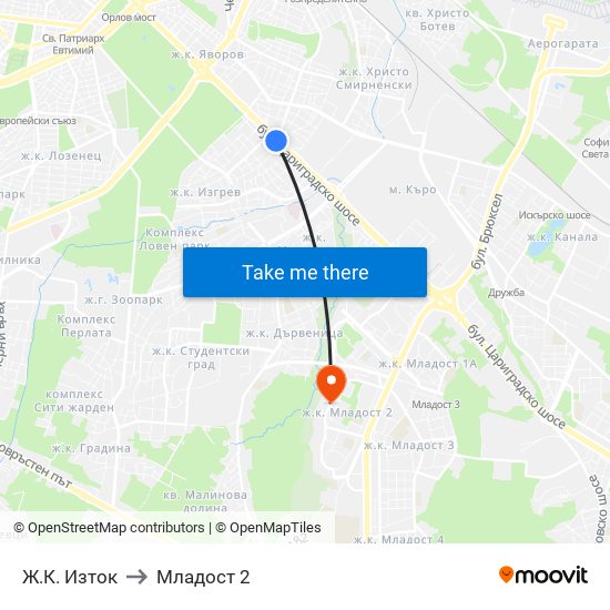 Ж.К. Изток to Младост 2 map