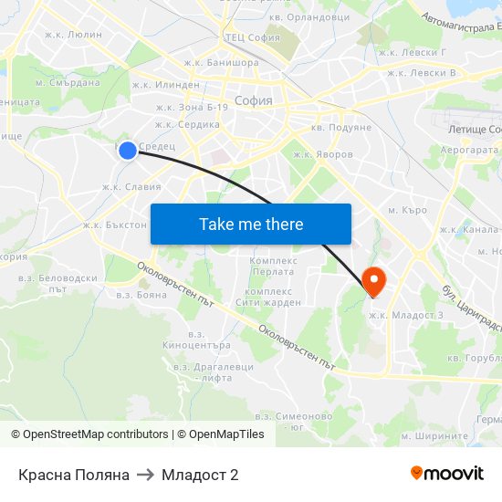 Красна Поляна to Младост 2 map