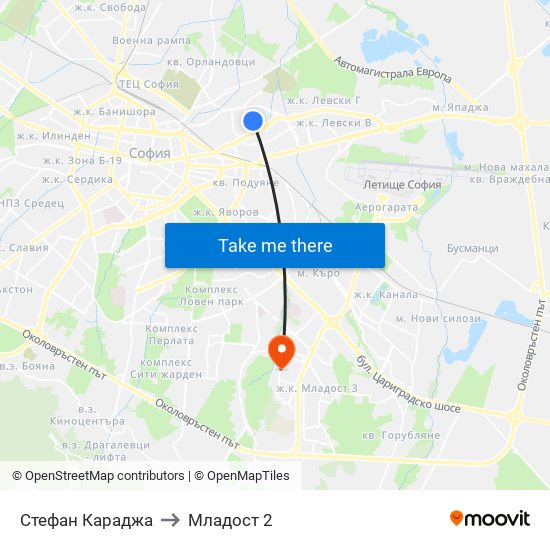 Стефан Караджа to Младост 2 map