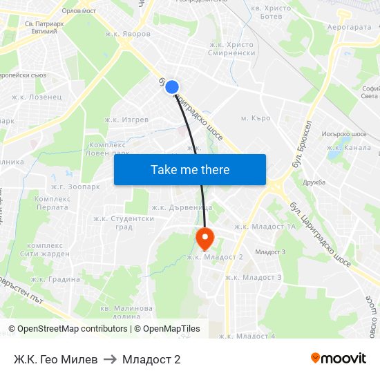 Ж.К. Гео Милев to Младост 2 map