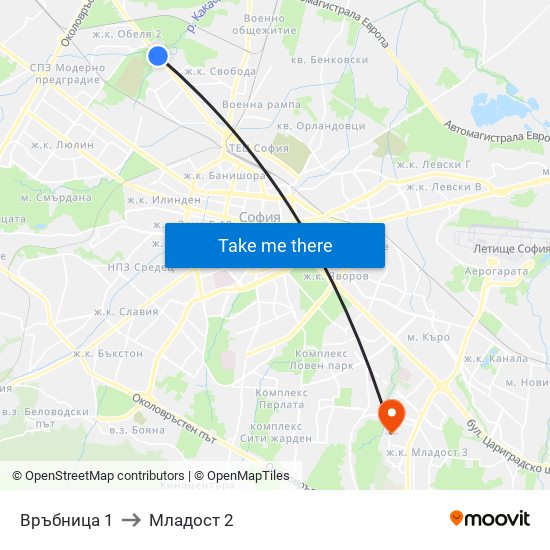 Връбница 1 to Младост 2 map