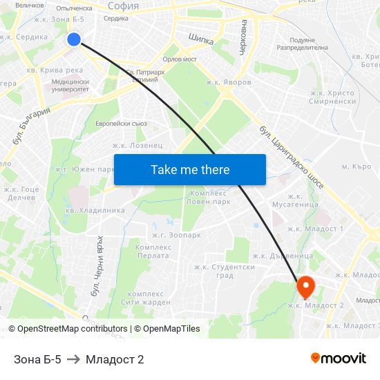 Зона Б-5 to Младост 2 map