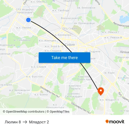 Люлин 8 to Младост 2 map