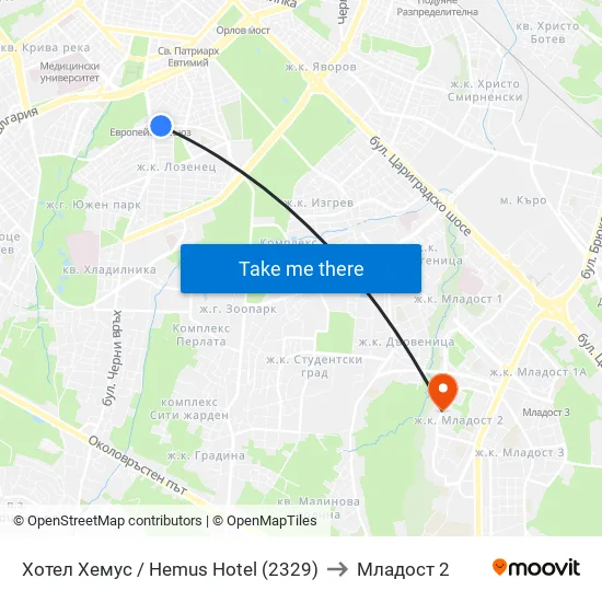 Ⓜ️ Хотел Хемус / Hemus Hotel (2329) to Младост 2 map