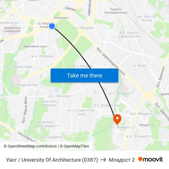 Уасг / University Of Architecture (0387) to Младост 2 map