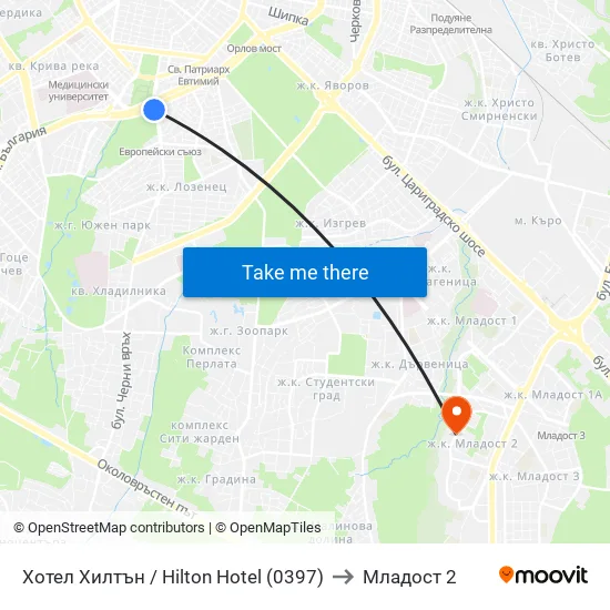 Хотел Хилтън / Hilton Hotel (0397) to Младост 2 map