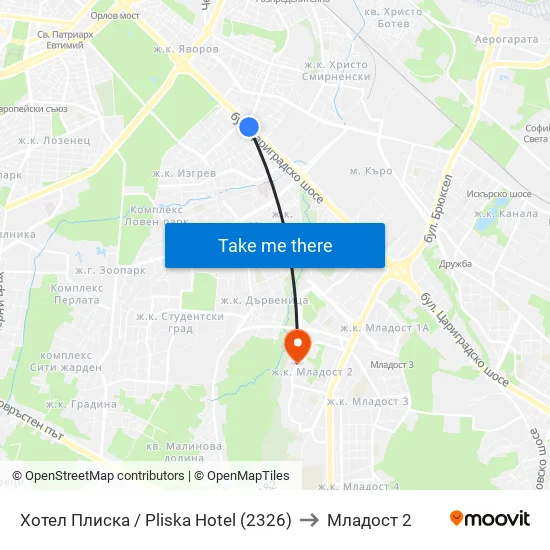 Хотел Плиска / Pliska Hotel (2326) to Младост 2 map