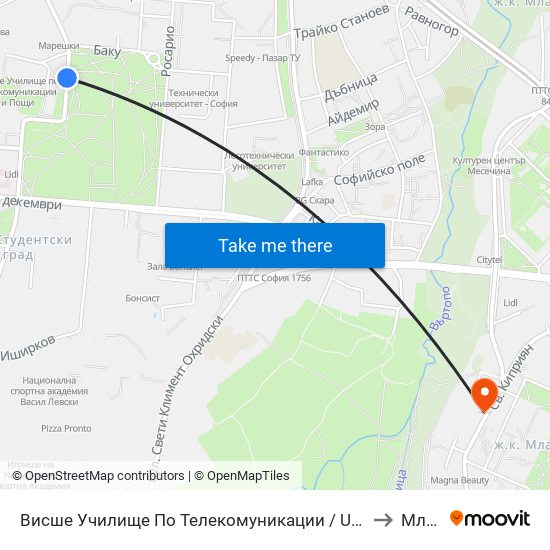 Висше Училище По Телекомуникации / University Of Telecommunications And Post (1396) to Младост 2 map