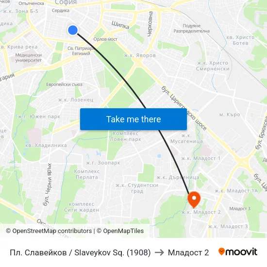 Пл. Славейков / Slaveykov Sq. (1908) to Младост 2 map