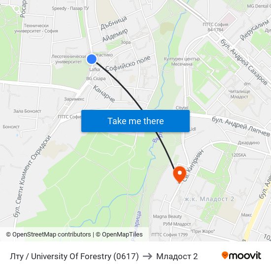 Лту / University Of Forestry (0617) to Младост 2 map
