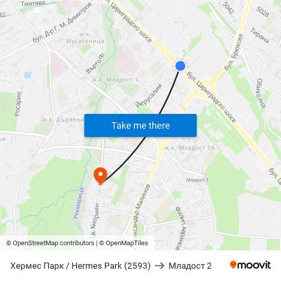 Хермес Парк / Hermes Park (2593) to Младост 2 map
