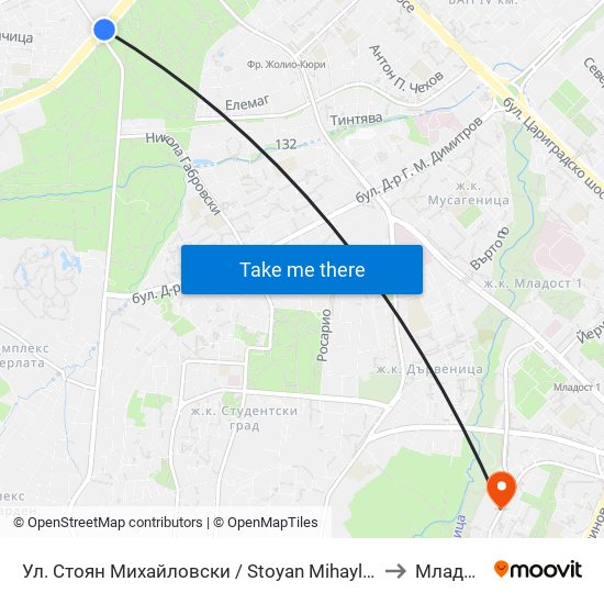 Ул. Стоян Михайловски / Stoyan Mihaylovski St. (2692) to Младост 2 map