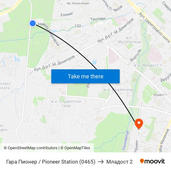 Гара Пионер / Pioneer Station (0465) to Младост 2 map