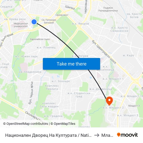Национален Дворец На Културата / National Palace Of Culture (1134) to Младост 2 map
