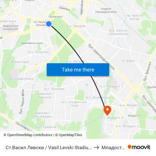 Стадион Васил Левски / Vasil Levski Stadium to Младост 2 map