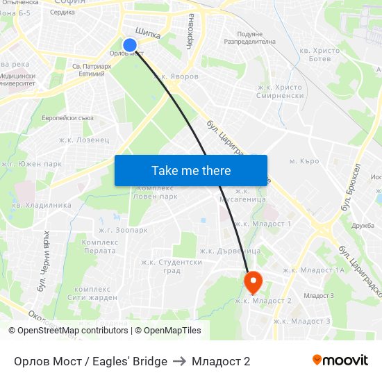 Орлов Мост / Eagles' Bridge to Младост 2 map