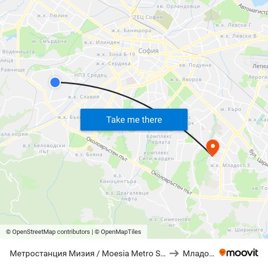 Метростанция Мизия / Moesia Metro Station (6089) to Младост 2 map