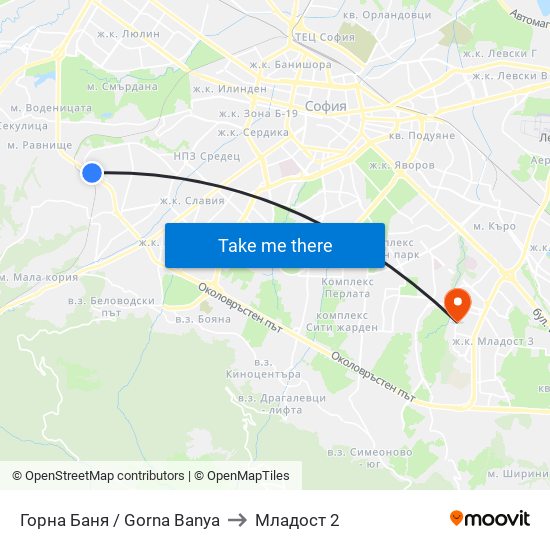 Горна Баня / Gorna Banya to Младост 2 map