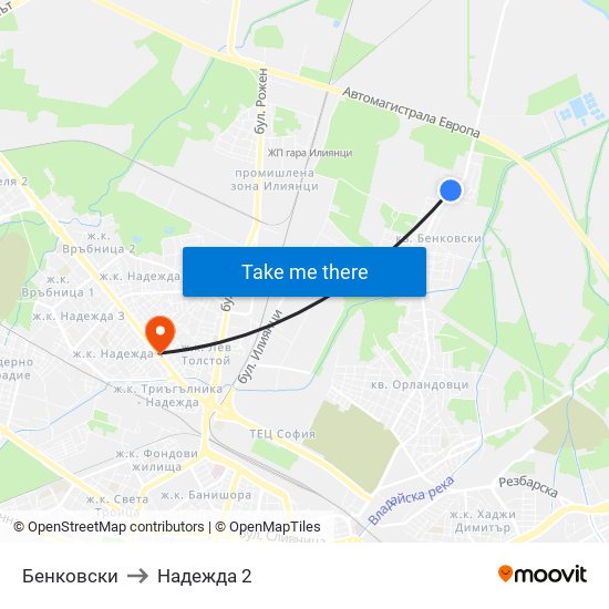 Бенковски to Надежда 2 map
