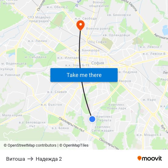 Витоша to Надежда 2 map