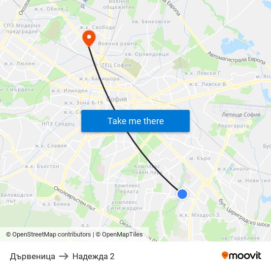 Дървеница to Надежда 2 map