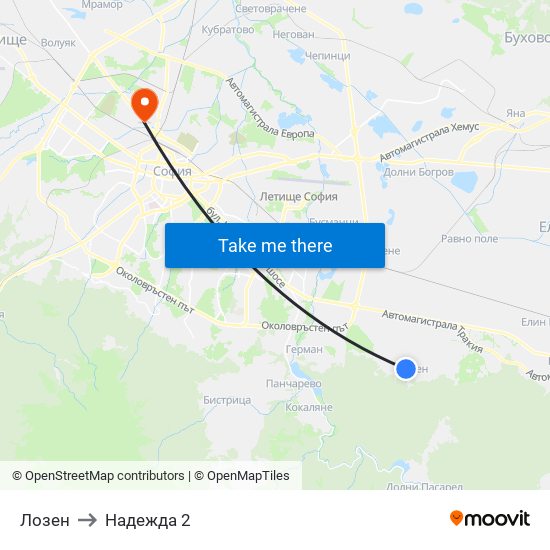 Лозен to Надежда 2 map