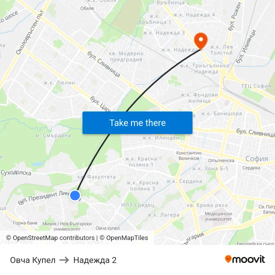 Овча Купел to Надежда 2 map