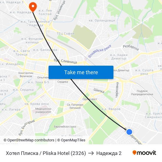 Хотел Плиска / Pliska Hotel (2326) to Надежда 2 map