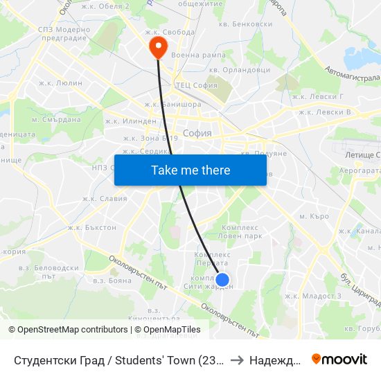 Студентски Град / Students' Town (2382) to Надежда 2 map