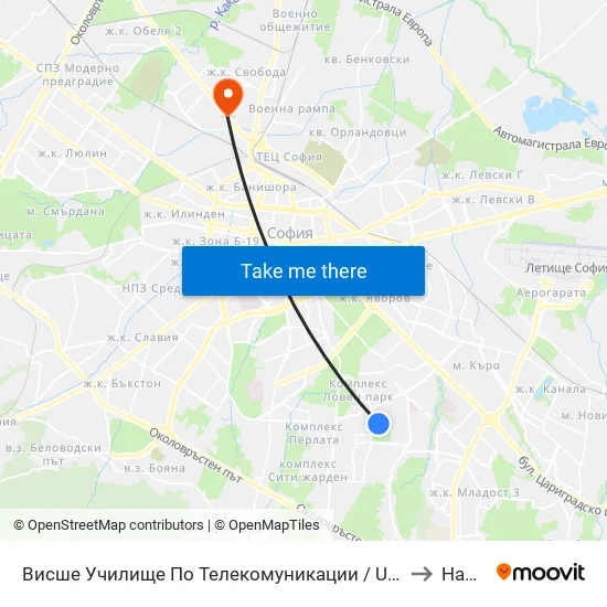 Висше Училище По Телекомуникации / University Of Telecommunications And Post (1397) to Надежда 2 map