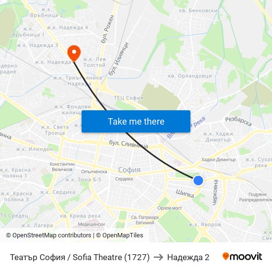 Театър София / Sofia Theatre (1727) to Надежда 2 map