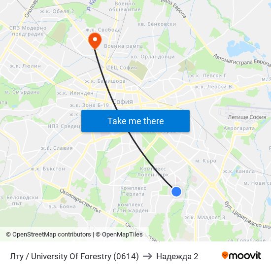 Лту / University Of Forestry (0614) to Надежда 2 map