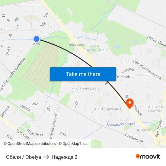 Обеля / Obelya to Надежда 2 map