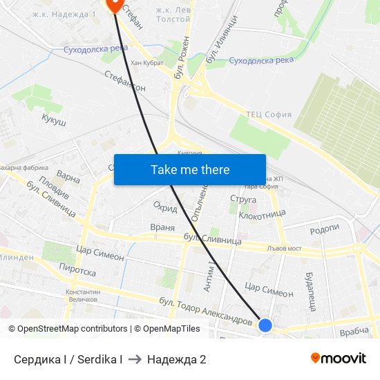 Сердика I / Serdika I to Надежда 2 map