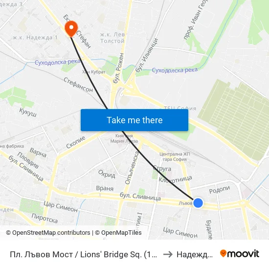 Ⓜ️ Пл. Лъвов Мост / Lions' Bridge Sq. (1275) to Надежда 2 map