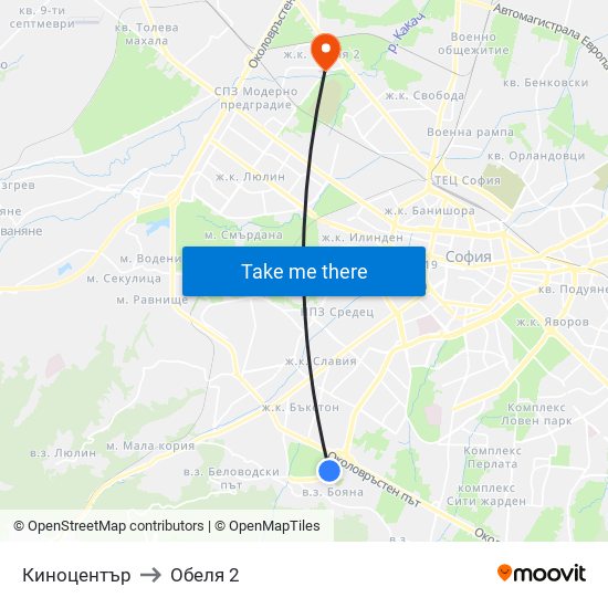 Киноцентър to Обеля 2 map