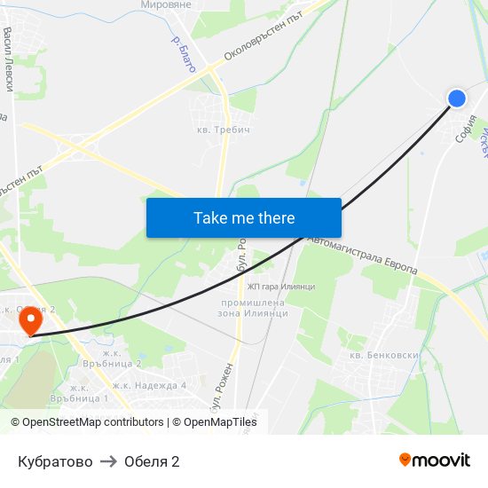 Кубратово to Обеля 2 map