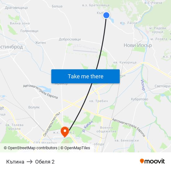 Кътина to Обеля 2 map