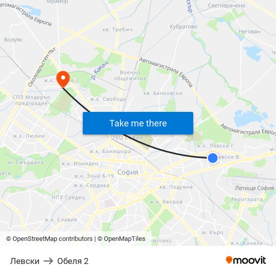 Левски to Обеля 2 map