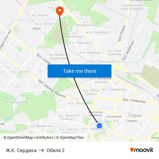 Ж.К. Сердика to Обеля 2 map