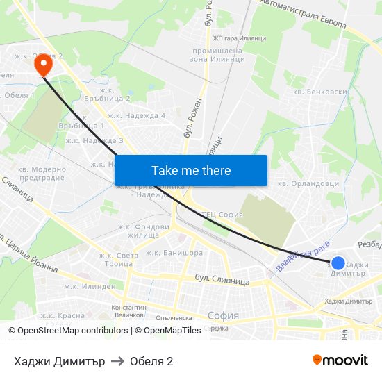Хаджи Димитър to Обеля 2 map
