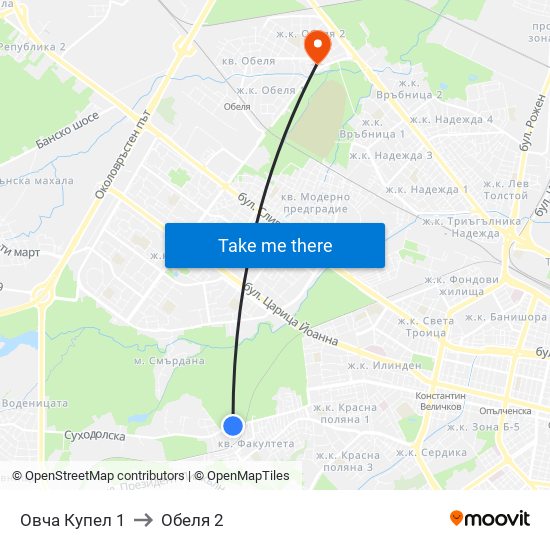 Овча Купел 1 to Обеля 2 map
