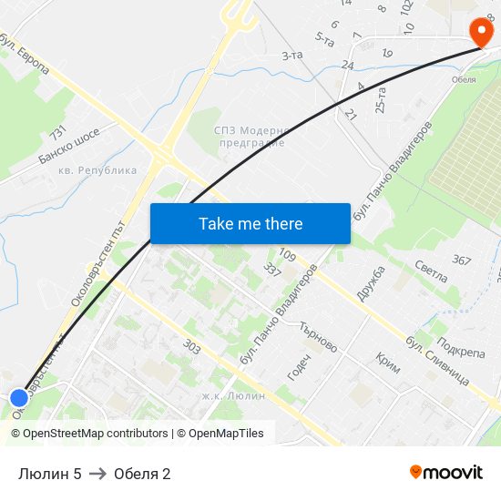 Люлин 5 to Обеля 2 map