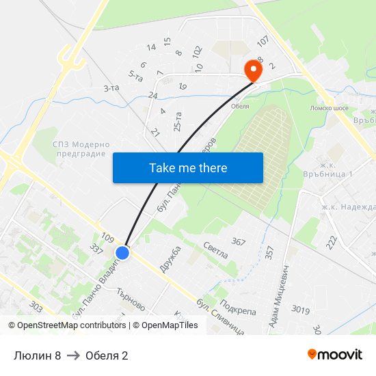 Люлин 8 to Обеля 2 map
