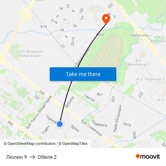 Люлин 9 to Обеля 2 map
