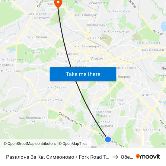 Разклона За Кв. Симеоново / Fork Road To Simeonovo Qr. (1459) to Обеля 2 map