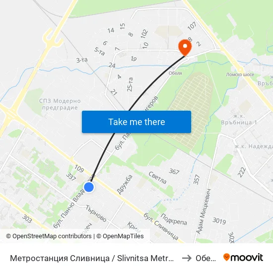 Ⓜ️ Метростанция Сливница / Slivnitsa Metro Station (1063) to Обеля 2 map
